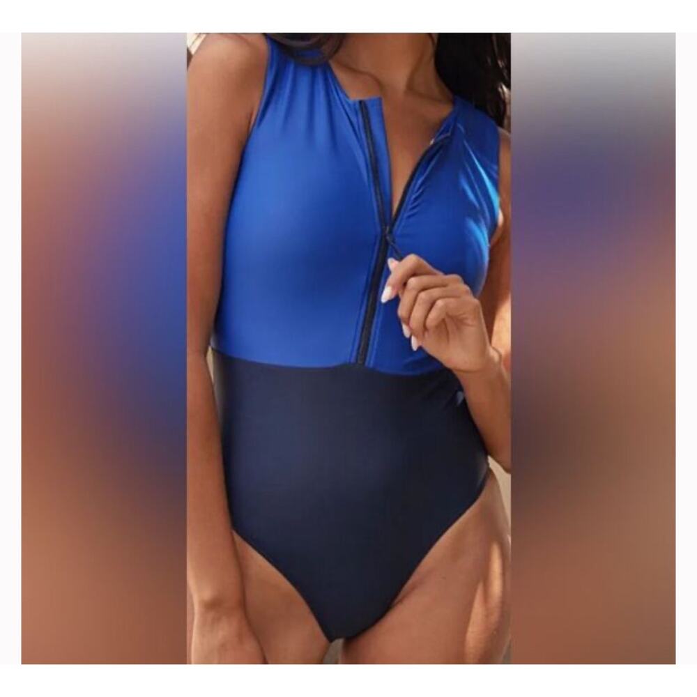 summersalt Blue Two-Tone Front Zip One-Piece Swimsuit